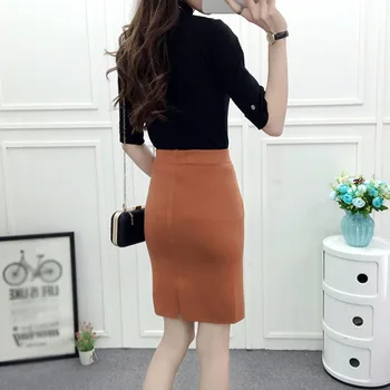 

High Waist Knitted Open Fork Pencil Skirts New Autumn Winter Fashion Casual Solid Knee-Length Women Skirt