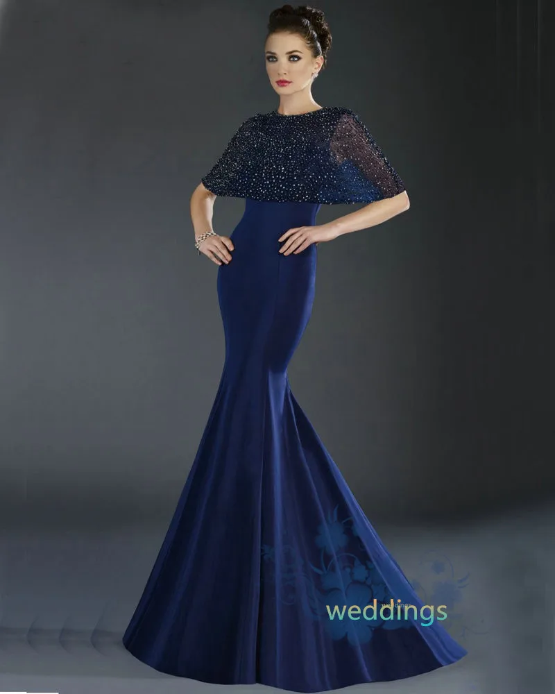 

vestido de festa robe de soiree Arabic Top Quality Navy Blue Mermaid Half Sleeve o-neck long Evening mother of the bride Dress