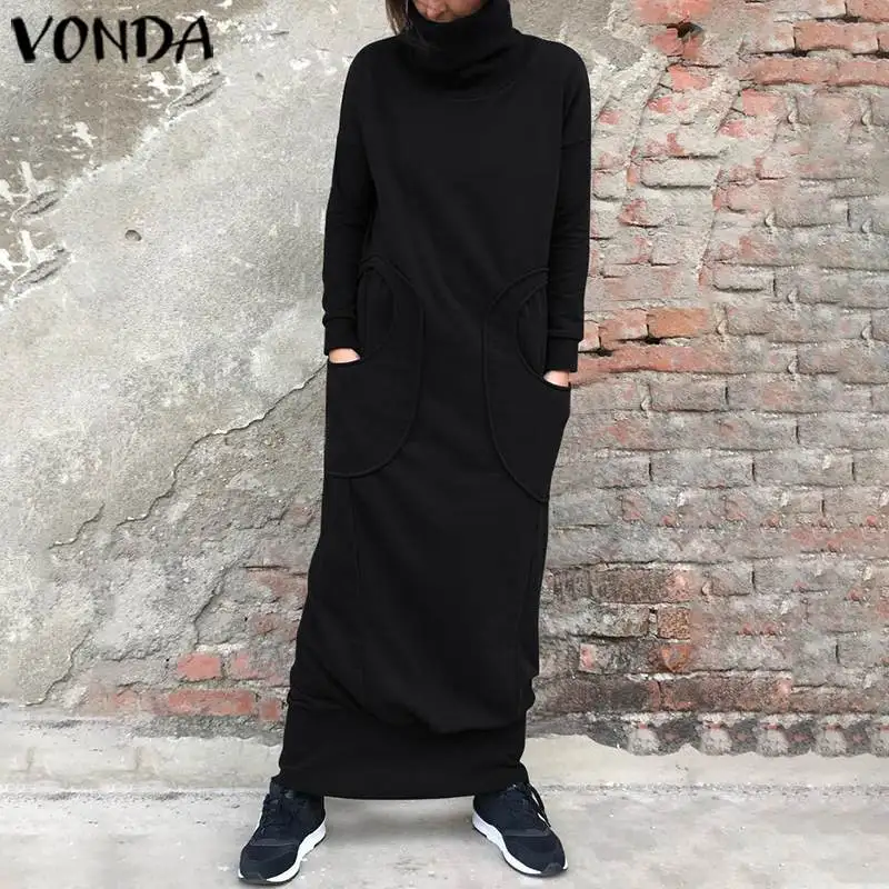 Koop Winter Herfst Vrouwen Jurk Zakken Schildpad Kraag Lange Mouw Sweatshirt Maxi Jurk Vonda 2019 Casual Losse Plus Size Vestidos