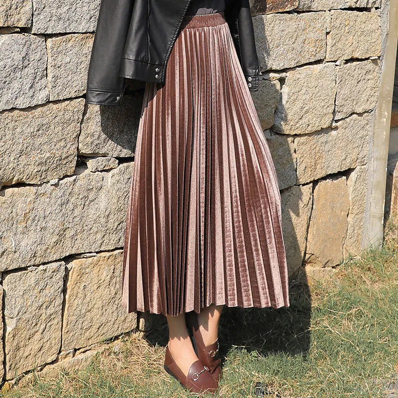 RuiLee Chic office Elegant Women Long Metallic Silver Maxi Pleated Skirt Midi Skirt High Waist Elascity Casual Party