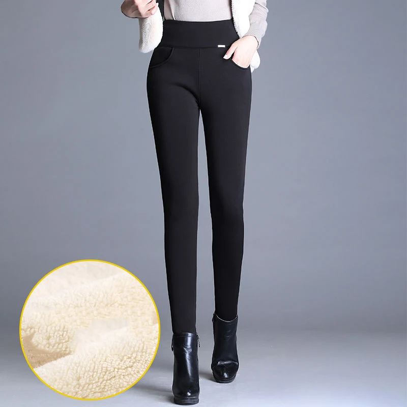 Женские зимние плотные бархатные брюки, плюс размер, теплые, высокая талия, тянущиеся обтягивающие узкие штаны, повседневные шерстяные флисовые черные леггинсы, брюки