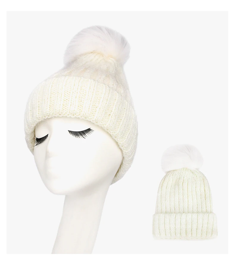 Модная женская зимняя шапка с помпоном Skullies Beanies для девочек, одноцветная вязаная шапка, теплые шапки - Цвет: Белый