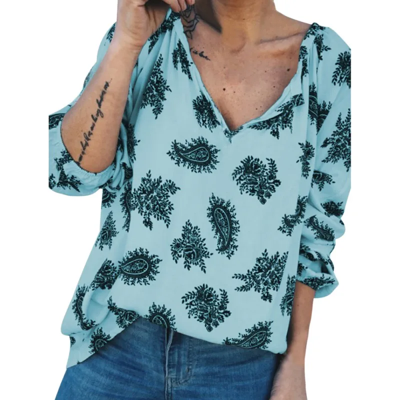 

Women Loose V Collar Button Summer Cartoon Print Loose Long Sleeve Casual Simple Wild T-Shirt