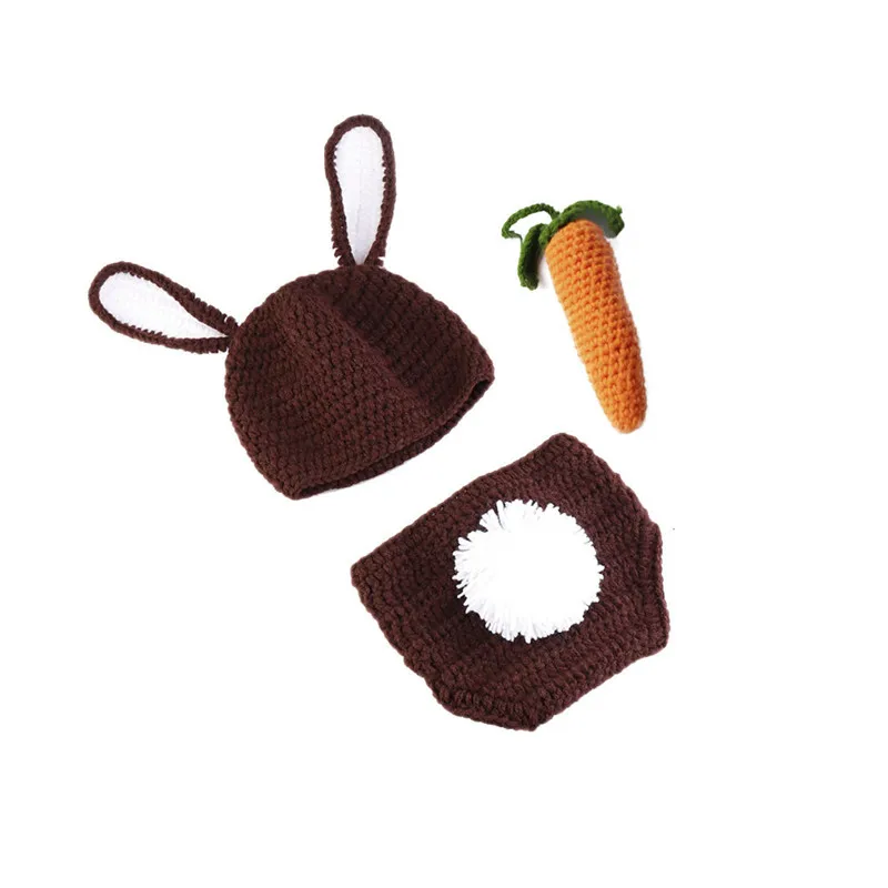 Newborn Photography Props Cute Cartoon Bunny Rabbit Carrot Baby Hat Girls Boys Cap Crochet Knit Clothes Photo Props Clothing Set (3)