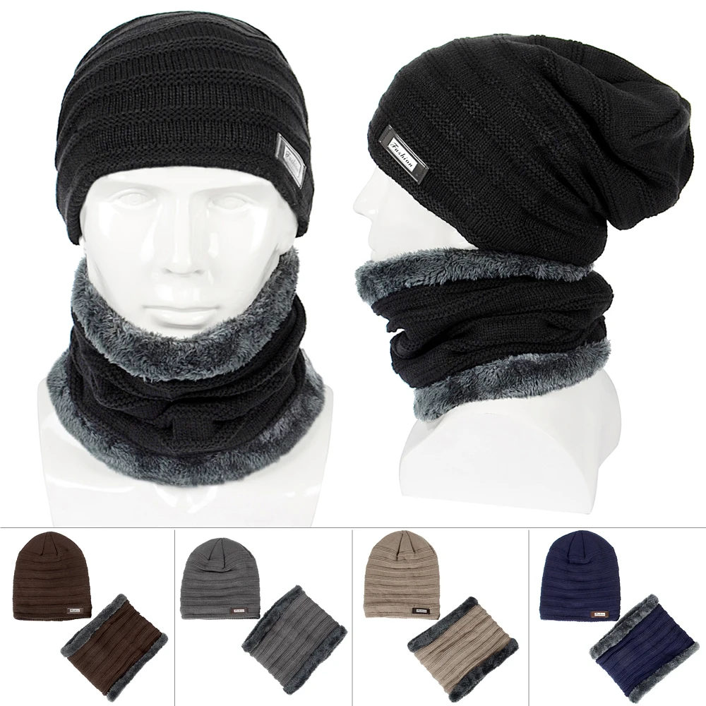 Fashion Trend Men Adult 2PCS Winter Newest Knit Baggy Beanie Hat Ski Slouchy Skull Cap Fleece Lined Neckerchief Casual Sets