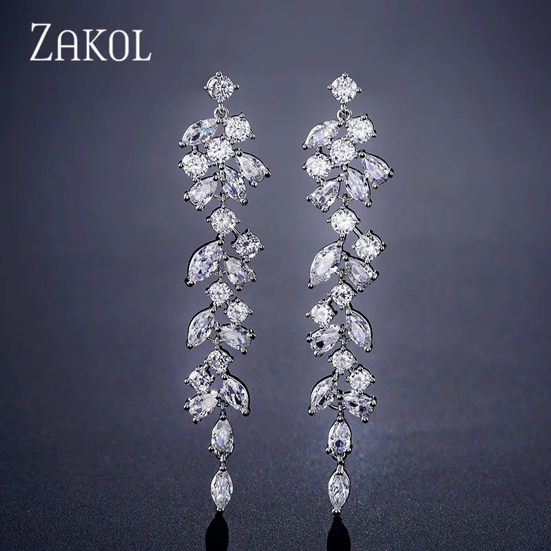 ZAKOL Newest CZ Zirconia Crystal Leaf Long Drop Earrings for Elegant Women Bridal Wedding Jewelry Accessories Gift FSEP2232