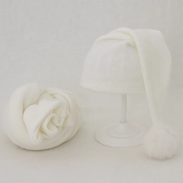 2pcs Wrap Hat Sets Newbornn Photography Props Boys Girls Photography Swaddle Blanket Infant Baby Picture Shoot Props Accessories white