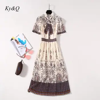 

Runway Luxury Bow Collar Sexy Party Long Dress 2020 Summer Dress Women Vintage Print Chiffon Pleated Dress Luxury Brand Dress