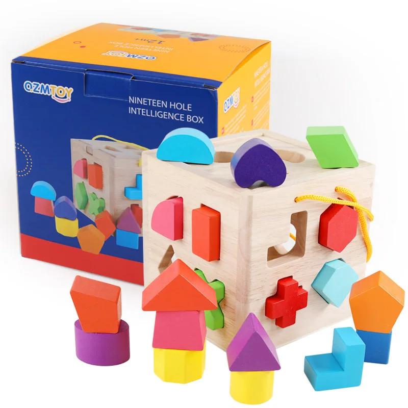 

12-Hole 15 Hole 19 Hole Carrying Intelligence Box Multi-functional Children'S Educational Shape Matching Building Blocks Wooden