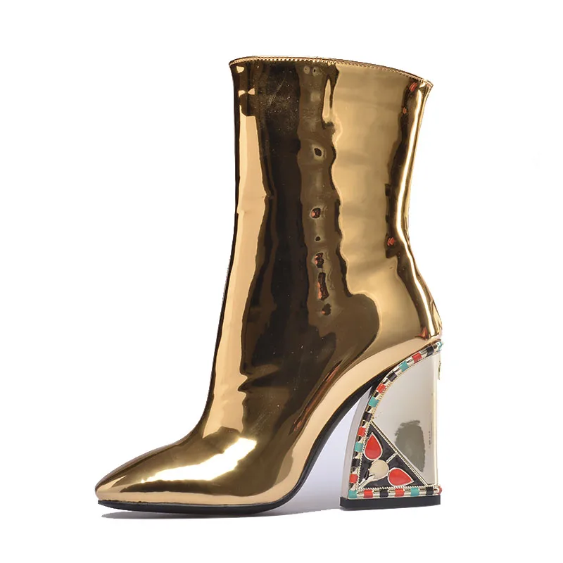 RIZABINA Women Mid Calf Patent Leather Boots Pointed Toe Flower Hoof Heel Footwear Side Zipper Winter Glitter Boots Size 33-43 - Color: gold