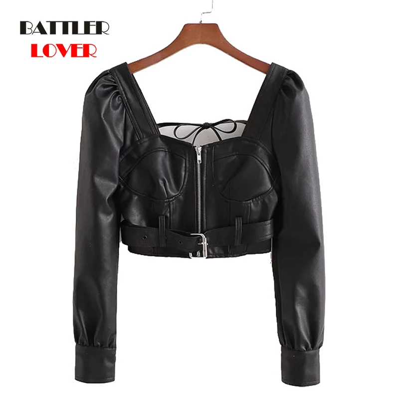 Sexy Party PU Leather Short Jacket For Women Vintage Blet Long Sleeve Backless High Waist Coat Female Fashion Punk Hip Hop Tops