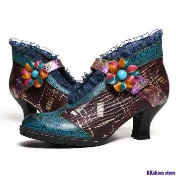 

Botas Mujer Boots Lace Genuine Leather Splicing Floral Low Heel Elegant Pumps Ladies Shoes Women Spring 2020