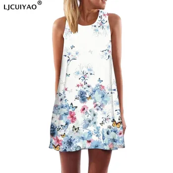 

LJCUIYAO Women Dress Rose Print Sleeveless Summer Dress O Neck Casual Loose Mini Chiffon Plus Size Dresses Vestidos Sexy Mujer