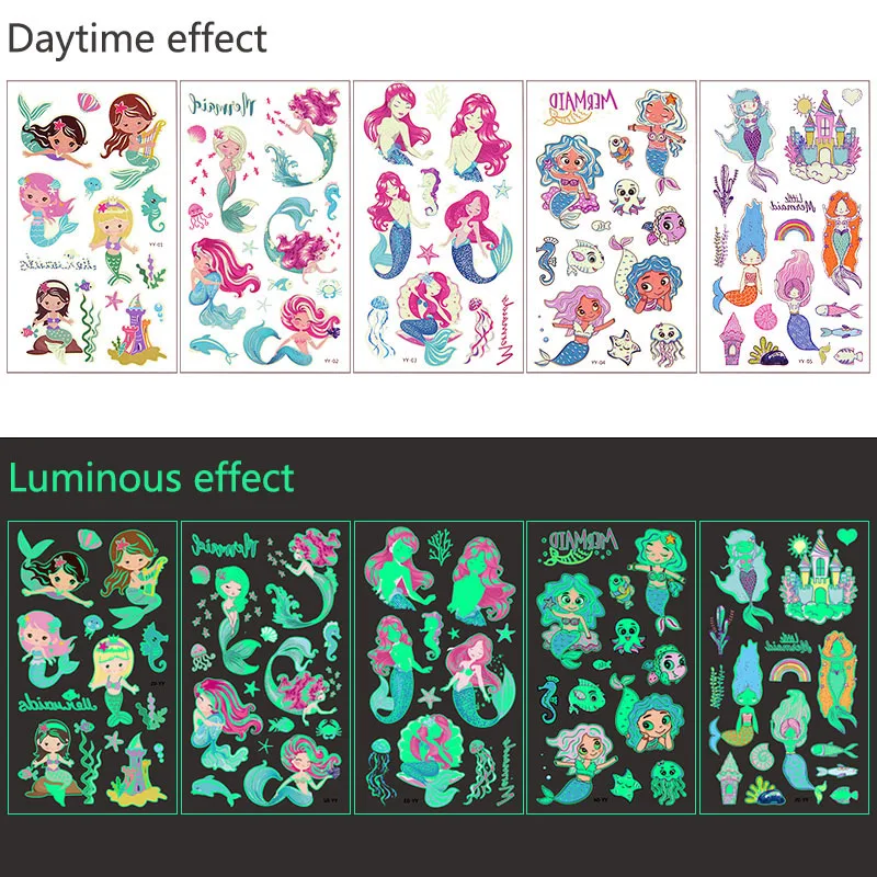 5pcs Luminous Tattoo Stickers Child Kid Temporary Fake Tattoos Glow Paste on Face Arm Leg for Children Body Art Mermaid Dinosaur