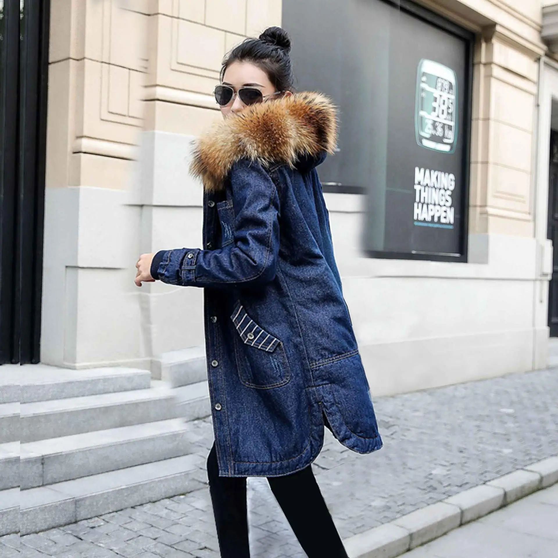 amazing  Plus Size 5Xl European Ladies Winter Hooded Jeans Coat Big Fur Collar Jeans Jacket Female Warm Wool