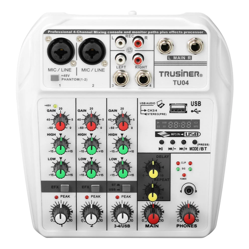 TU04 BT микшерный пульт записи Phantom power Monitor AUX Paths Plus Effects 4 канала аудио микшер USB EU/US Plug