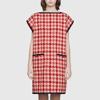 

Runway Women tweed Dress 2019 Winter Sleeveless Houndstooth Red Plaid Loose Straight Dress XX001