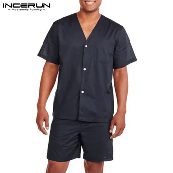 

Men Pajamas Sets Solid V Neck 2020 Short Sleeve Streetwear Summer Homewear Tops Shorts 2 Pieces Men Sleepwear Suit INCERUN S-5XL