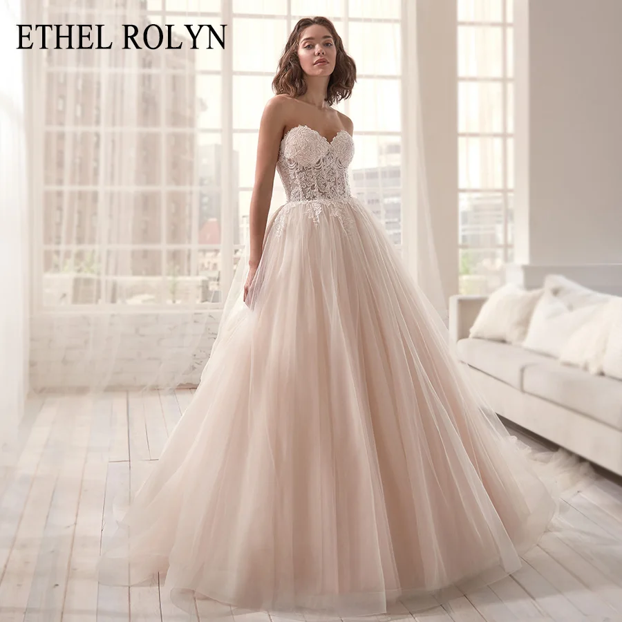 

ETHEL ROLYN Champagne A Line Wedding Dresses 2020 Vestido De Noiva Sleeveless Backless Beach Lace Appliques Tulle Bridal Gowns