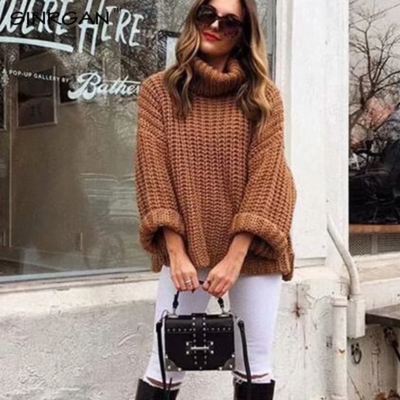 

SINRGAN Turtleneck Knitted Long Pullovers Autumn Winter Casual Loose Solid Sweaters Plus size Knitting Jumper Streetwear