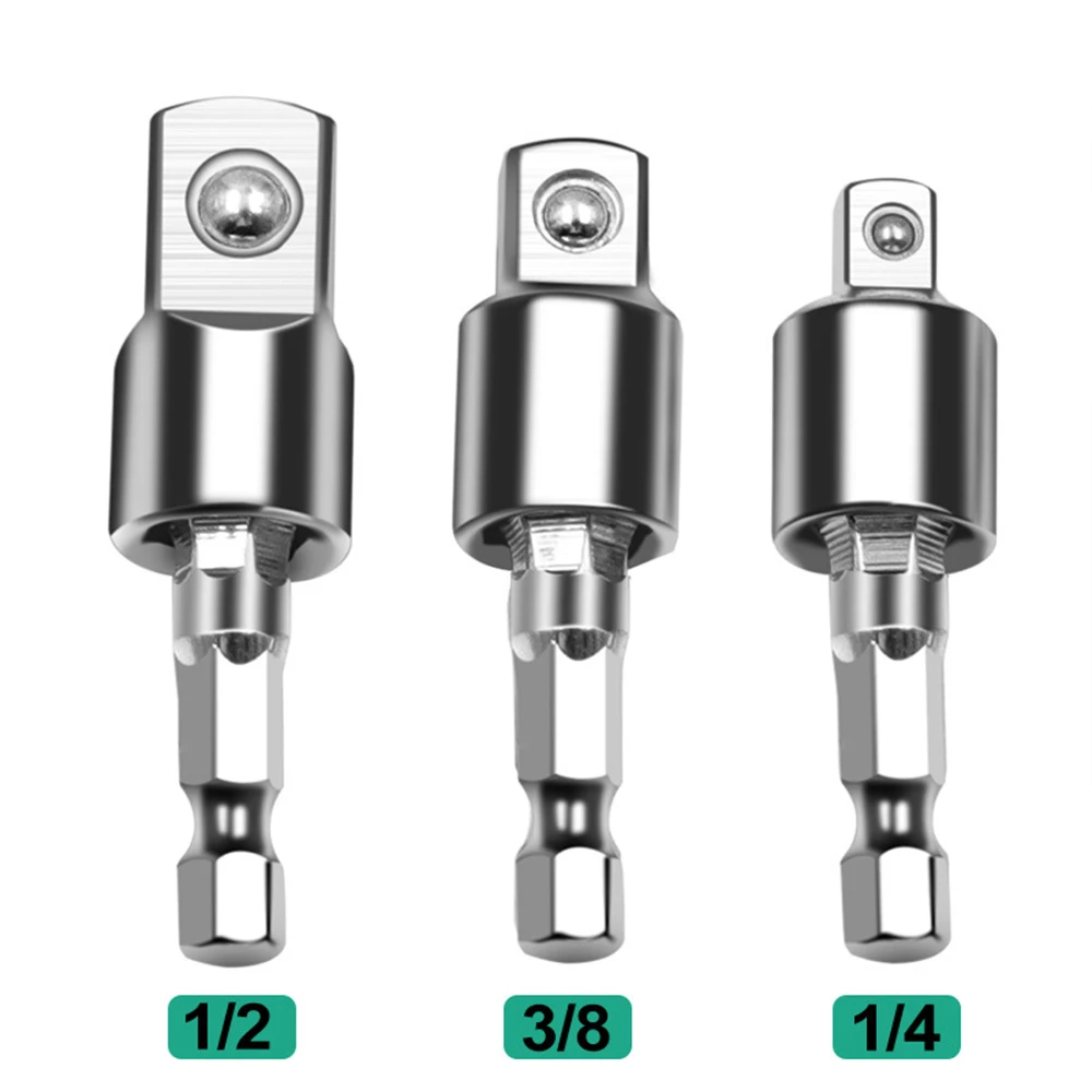 

3pcs Rotatable Extension Electric Drill Socket Adapter for Impact Driver with Hex Shank 1/4" 3/8" 1/2" Square Socket Drill Bits