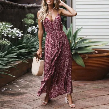 

Nadafair Boho Dress 2020 Sexy Spaghetti Strap V Neck High Waist Ruffles Floral Midi Summer Beach Dresses Women Plus Size