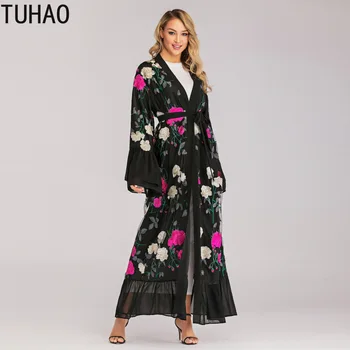 

Floral Embroidery Trench Muslim Cardigan Robes Middle East Stitching Long Sleeve Windbreaker Long Coats Woman Clothes T1708