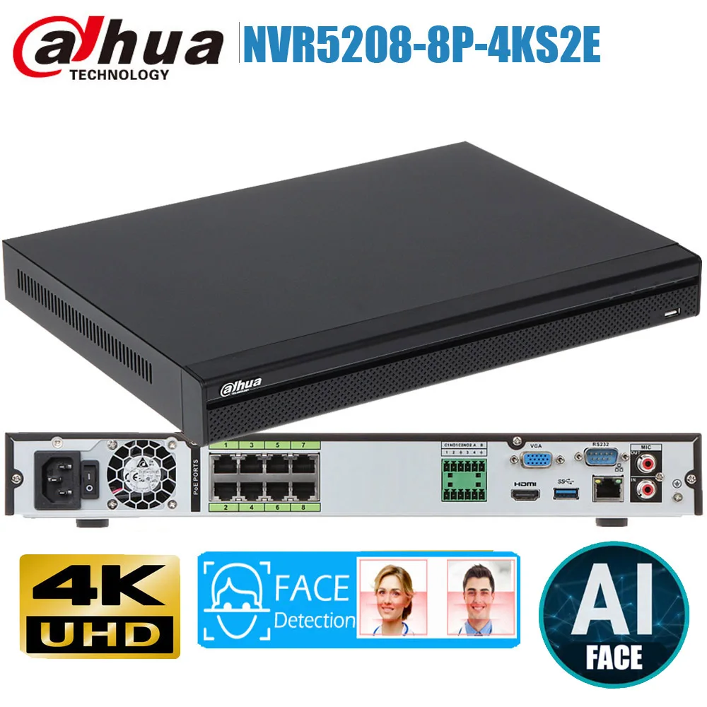Оригинал dahua mutil язык AI уход за кожей лица NVR NVR5208-8P-4KS2 DHI-NVR5208-8P-4KS2 8POE порты 4K H.265