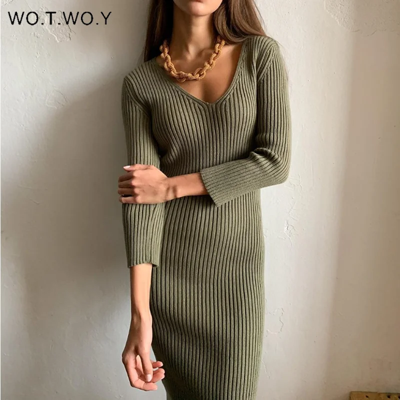 WOTWOY V-Neck Wrapped Knitted Dress Women Autumn Solid Sheath Sweater Dresses Women Knee-Length Bodycon Long Sweater Female New WOTWOY V-Neck Wrapped Knitted Dress Women Autumn Solid Sheath Sweater Dresses Women Knee-Length Bodycon Long Sweater Female New