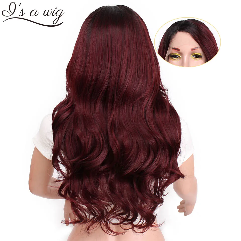 

I's a wig Ombre Dark Red Long Wavy Synthetic Lace Front Wig for Women Black Lace Wigs High Temperature Fiber Cosplay Wigs
