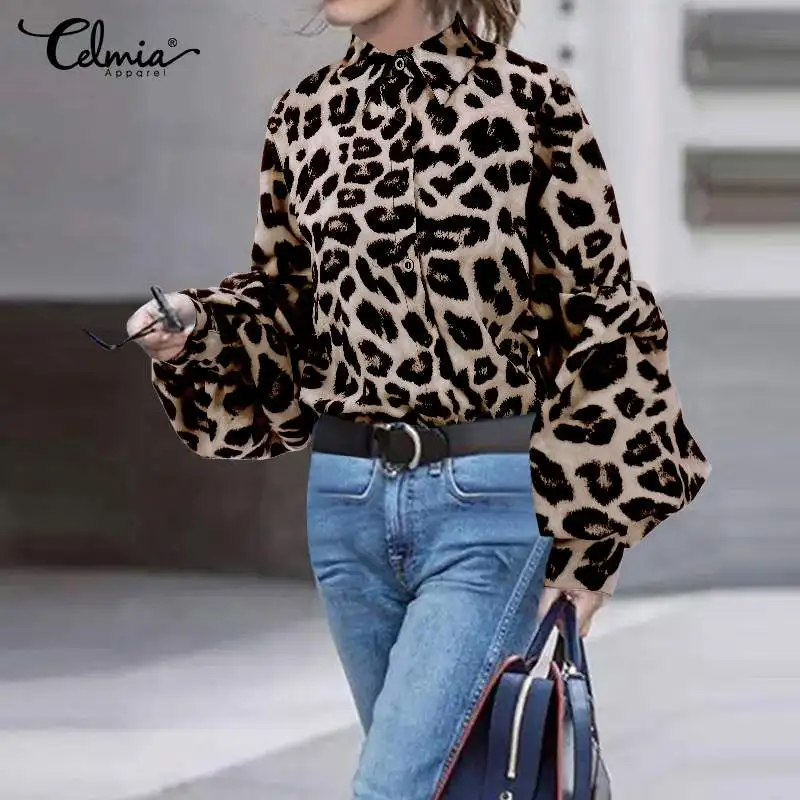  Top Fashion Celmia 2019 Women Autumn Lantern Sleeve Shirts Sexy Leopard Print Blouses S-5XL Female 