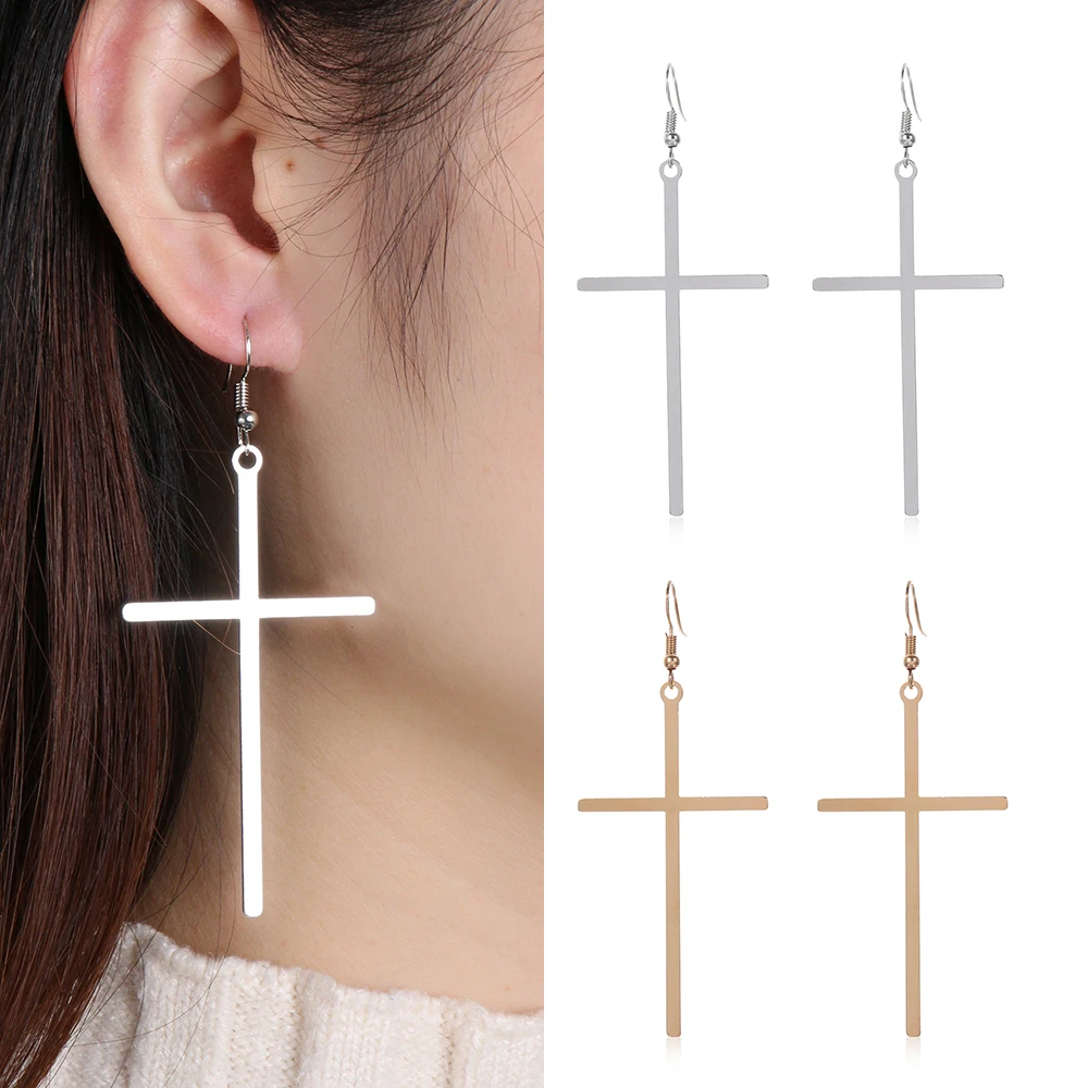 Ethnic Big Cross Long Earrings For Women Gold Color Drop Earrings Jewelry Bijoux Ethnique Femmes Punk Cross Earring