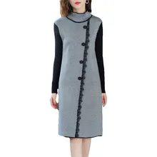 Новое осенне-зимнее трикотажное платье женское длинное платье на пуговицах, кружевное водолазка, Женское шерстяное платье-свитер с длинными рукавами