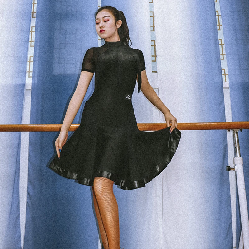 Женское платье для латиноамериканских танцев черное газовое с длинным рукавом