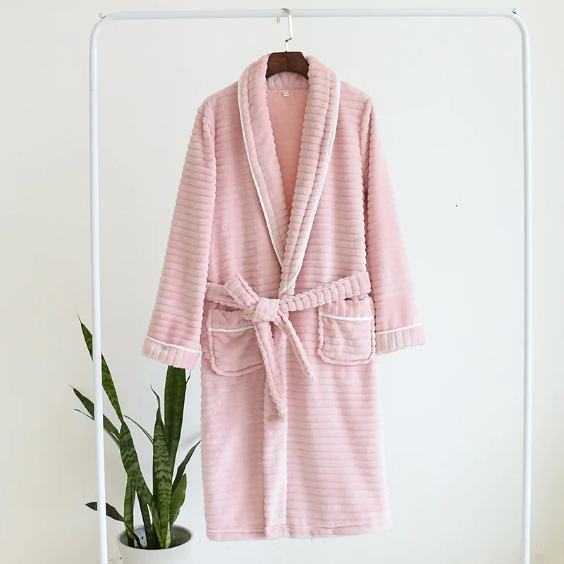 Autumn Winter Warm Soft Thick Couple's Nightgown 2021 Simple Women's Thickened Flannel Homewear Velvet Bathrobe Men's Pajamas