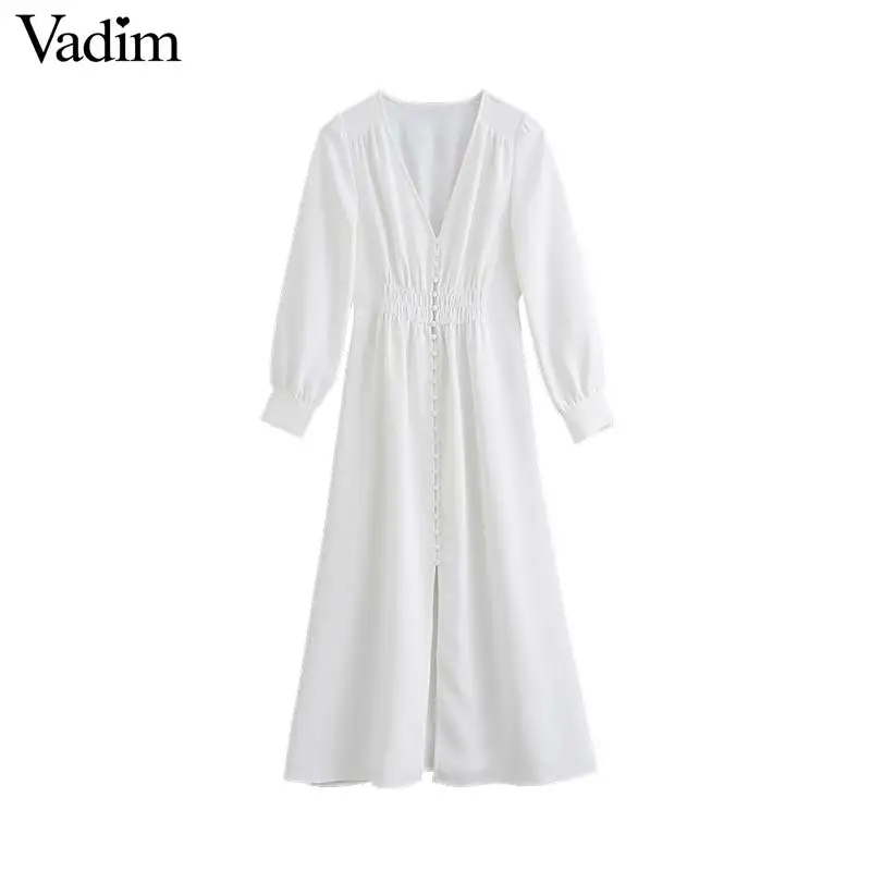 Женское элегантное платье vadim, белое платье, v-образный вырез, пуговицы, украшенное длинным рукавом, эластичная талия, модные платья трапециевидной формы, vestidos QC633
