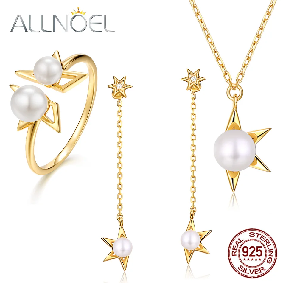 ALLNOEL Real 925 Sterling Silver half-star pearl Ring Necklace Drop Earrings Jewelry sets For Women Wedding Boutique 2019 New (9)