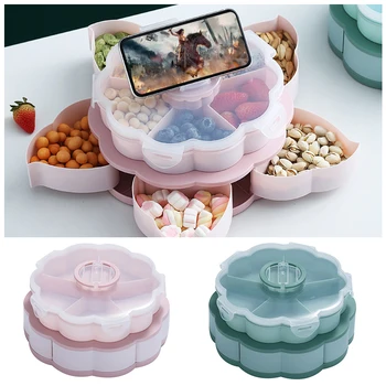 

Plastic Lazy Fruit Dish Double Layers Snack Box Candy Plates Petal-shape Rotating Trays Box Dried Fruit Storage Organizer Box