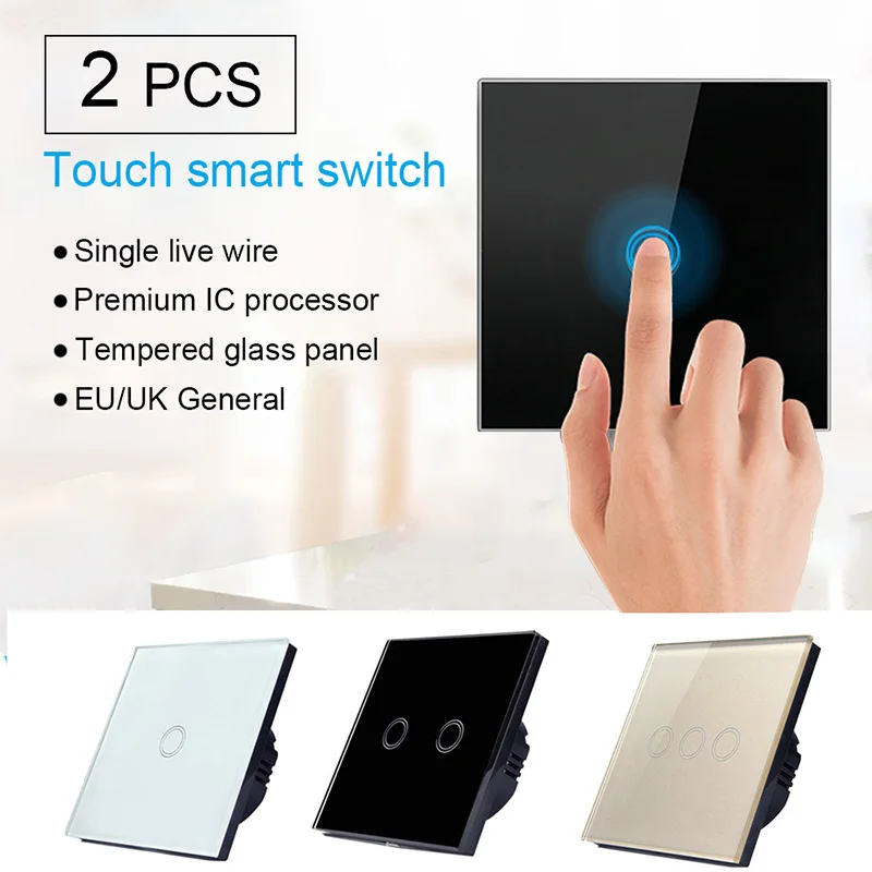 

2pcs EU/UK Standard 1/2/3 Gang 1 Way Crystal Glass Panel Smart Switch Contorl Home Light Touch Screen Switch Panel