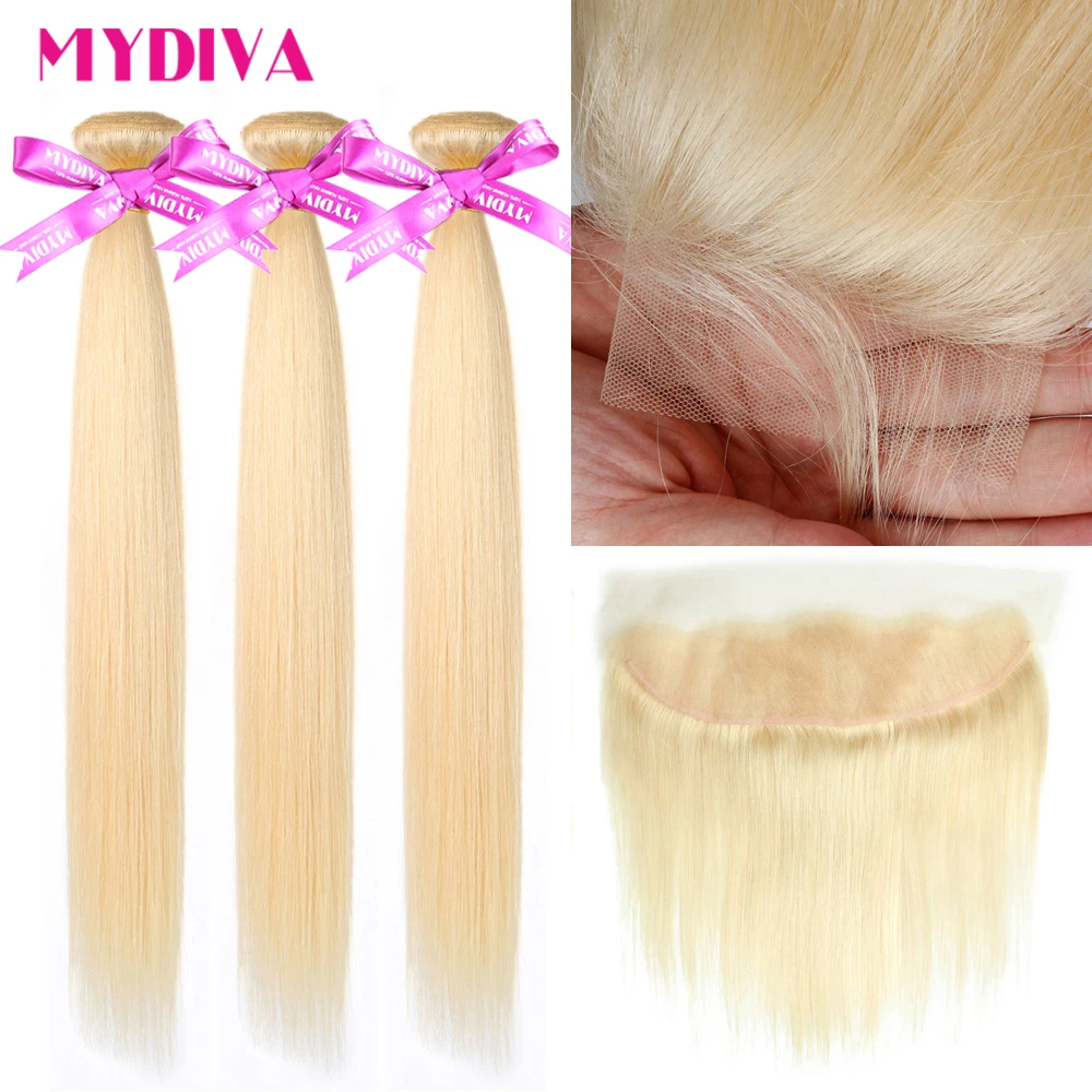 

613 Bundles With Frontal Brazilian Straight Hair Bundles With Frontal Blonde Human Hair Bundle With Closure Remy Mydiva