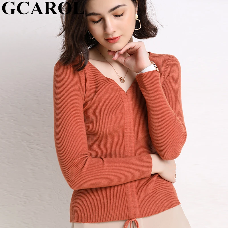 Женский свитер на завязках GCAROL, облегающий джемпер с содержанием шерсти 30%, трикотажный пуловер для офиса с V-образным вырезом, обтягивающий свитер для осени и зимы - Цвет: Caramel Color