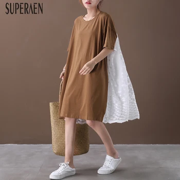 

SuperAen New Summer Dress Women 2020 Cotton Casual Fashion Korean Style Ladies Dress Pluz Sized Solid Color Women Clothing