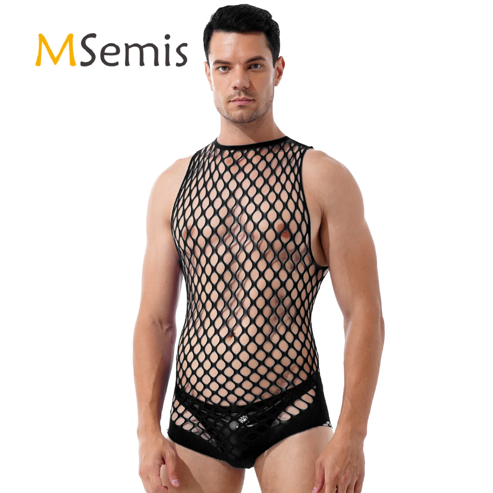 Men Sexy Lingerie Fishnet Bodystockings Hollow Out See Through Netted Hole Stretchy Bodysuit Nightwear Erotic Rompers Underwear |