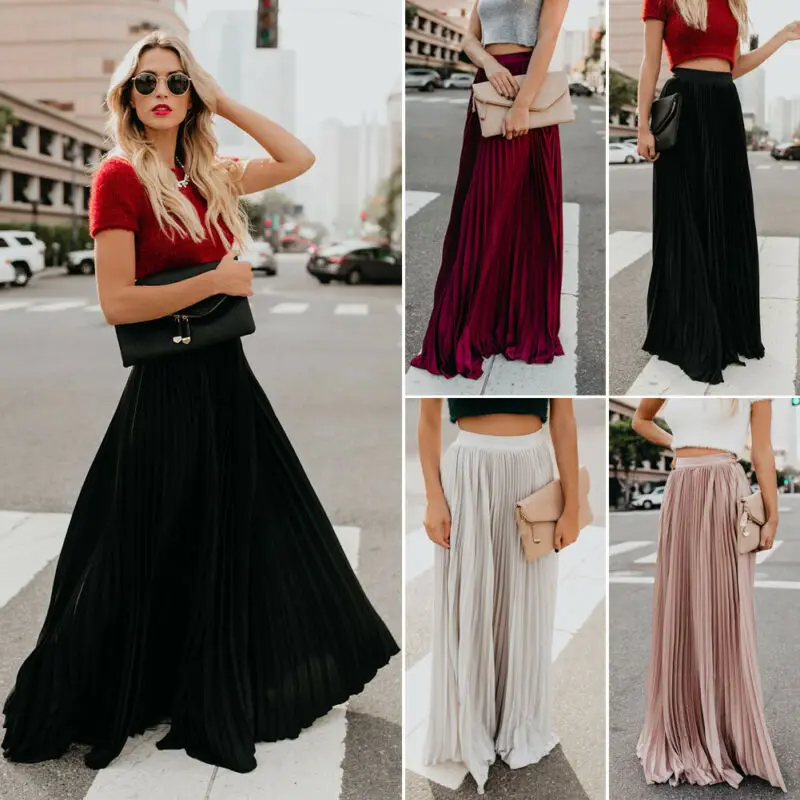 Женская плиссированная юбка макси с завышенной талией длинное повседневное
