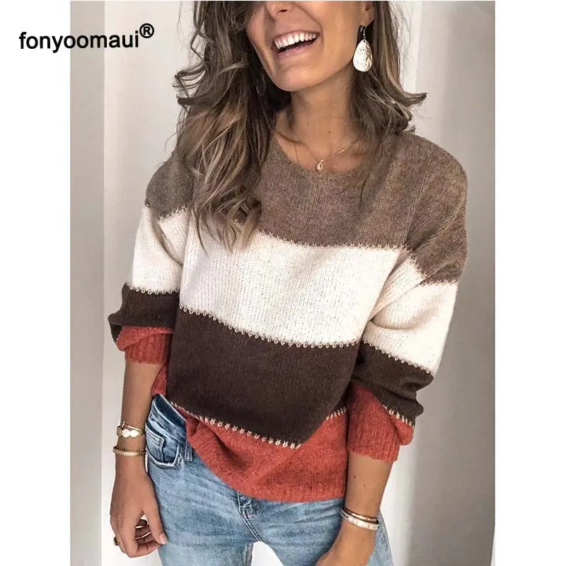 

Large Size Multicolor Striped Colorblock O Neck Sweater For Women Contrast Splicing Color Loose Sweaters For Lady Autumn Winter