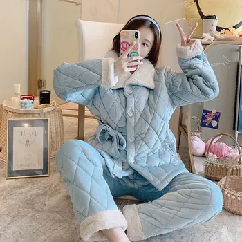 

Thicken Winter Flannel Sleepwear Lady 2PCS Sleep Set Warm Nightwear Coral Fleece Pajamas Suit Kimono Gown Casual Home Clothes