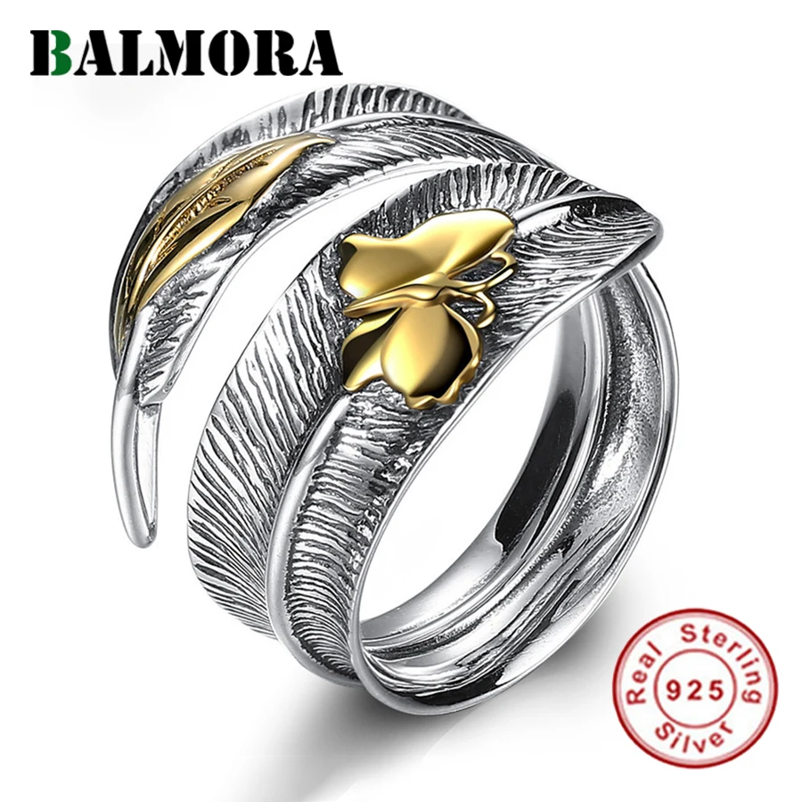 Najtaniej BALMORA prawdziwe 925 srebro Dragonfly Feather liść Retro Finger pierścionki dla kobiet Party Boho moda punk komunikat biżuteria