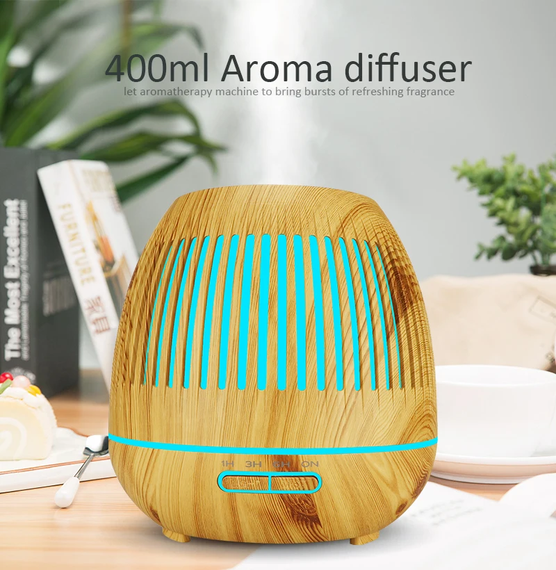 

Wood grain hollow Color Changing LED Lights for Office Hom 400ML Ultrasonic Air Humidifier Aroma Essential Oil Diffuser with