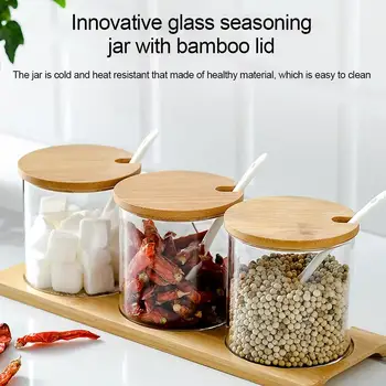 

Small Bamboo Seasoning Jar Box Set Transparent Glass Spice Racks Household Condiment Containers for Kitchen Utensils