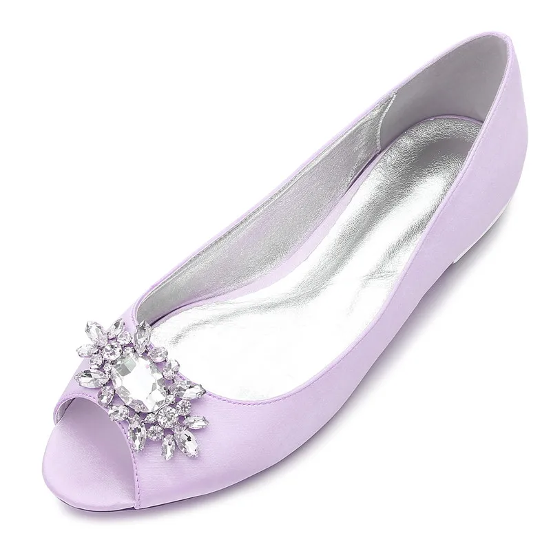 OnnPnnQ/женские атласные свадебные туфли на плоской подошве с кристаллами для невесты; туфли без застежки с открытым носком; вечерние плоские туфли для женщин - Цвет: Lilac
